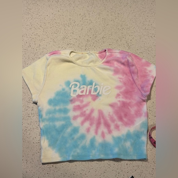 Barbie Tops - Barbie Adult Medium Tie-Dye Cropped T-Shirt - Pink, Blue, and Cream